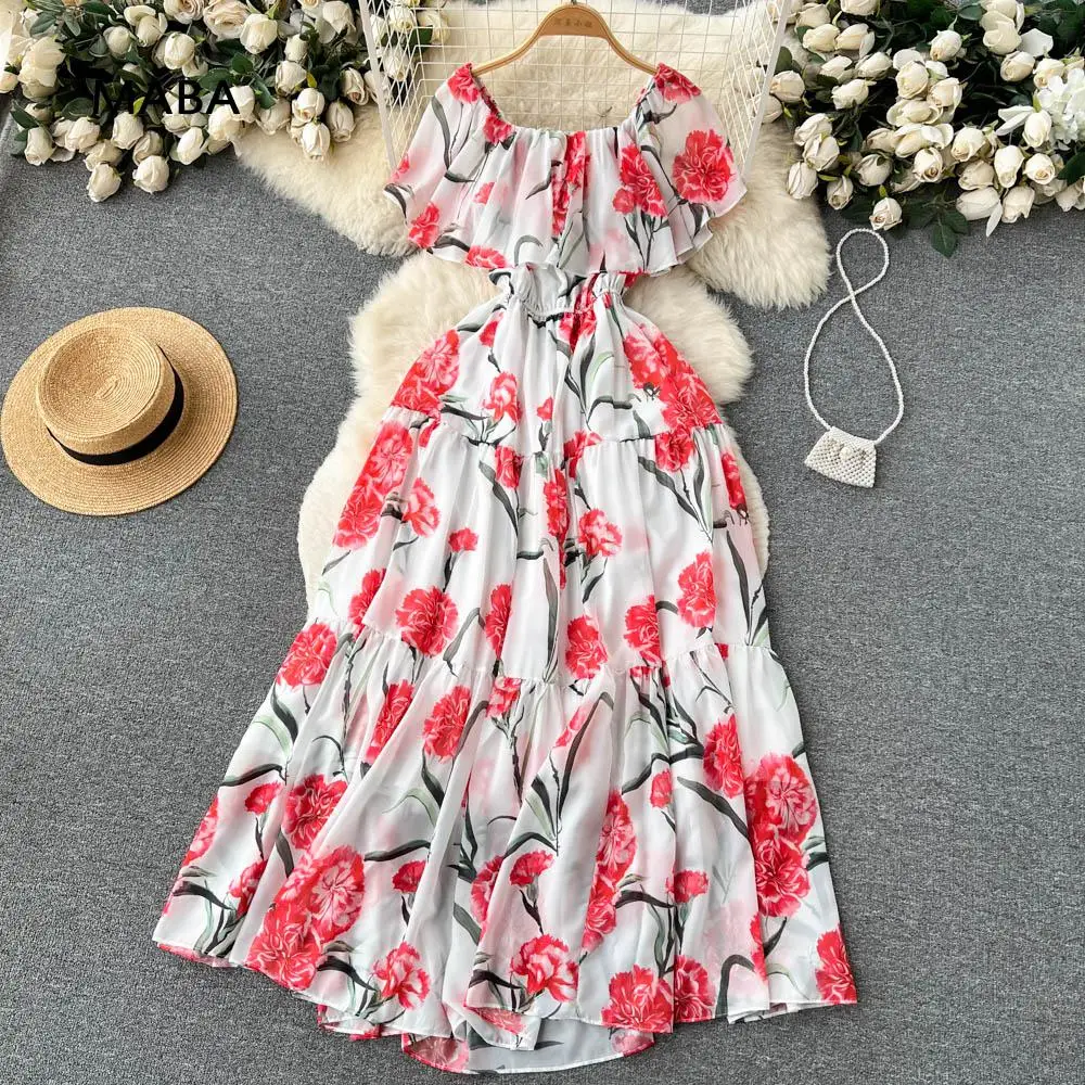 

Summer Women Floral Elegant Long Dress Ladies Slash Neck Ruffled Elastic Waist Vintage Beach Midi A-line Dress Robe Longue Femme