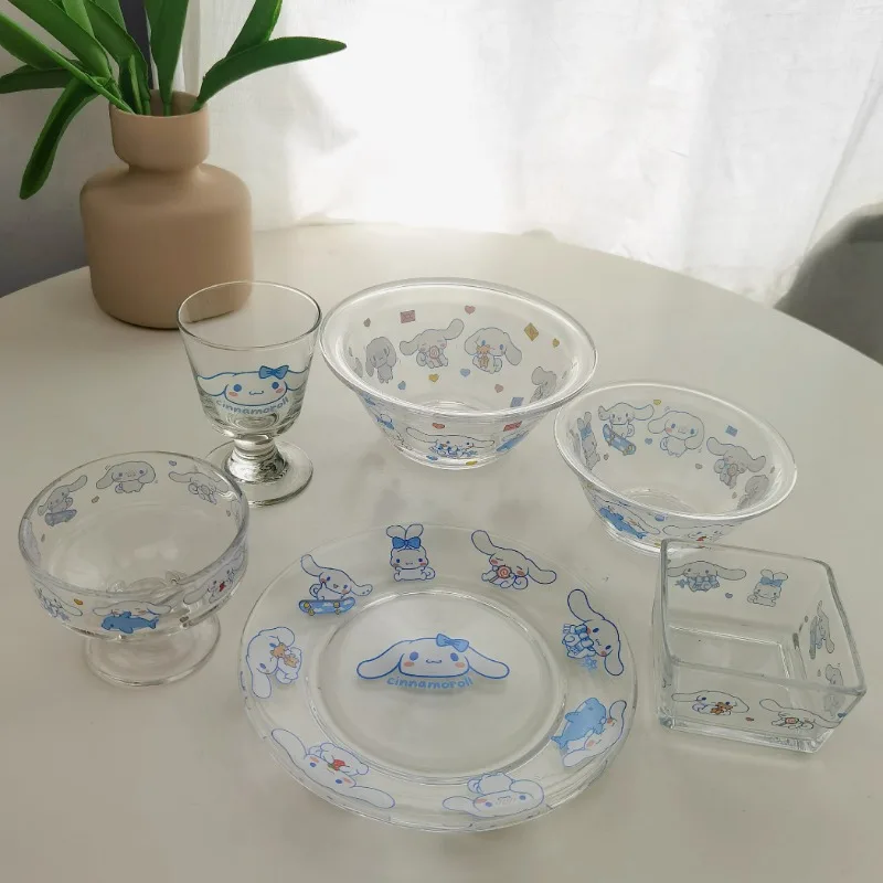 

Sanrio Cute Cinnamoroll Glass Tableware Plate Bowl Cup Snack Dessert Plate Kawaii Cartoon Household Goods Kitchen Utensils
