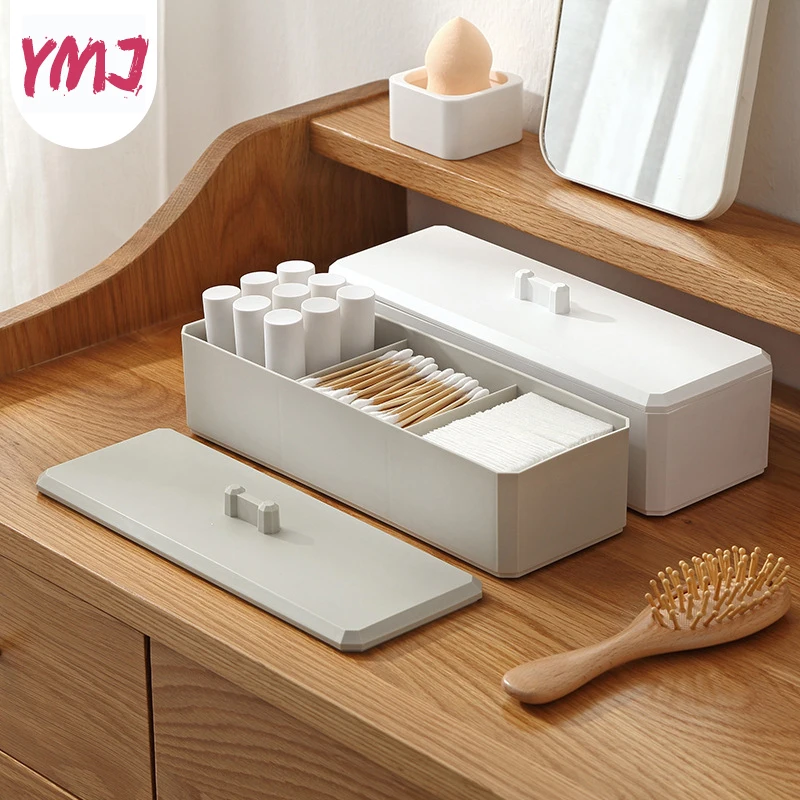 

Desktop Three-grid Cosmetic Storage Box Sundries Sorting Storage box Dust-proof Storage Cotton Swab Cosmetic Cotton 3 Colors
