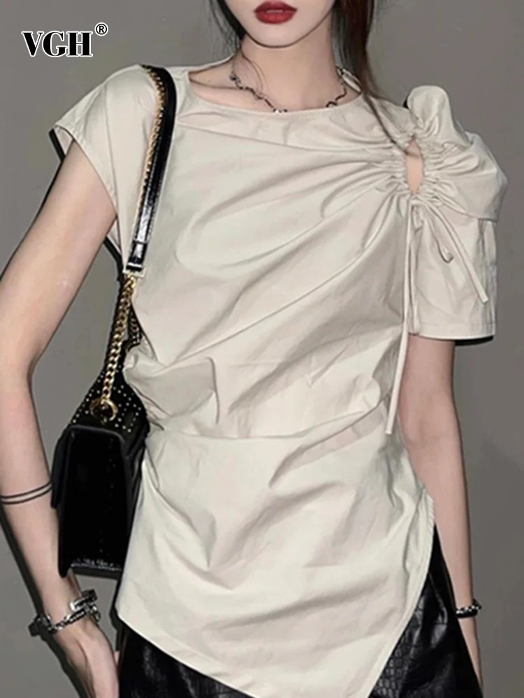 

VGH Korean Shirt For Women Round Neck Short Sleeve Bandage Ruched Asymmetrical Blouses Female 2022 Summer Fashion Clothing Style