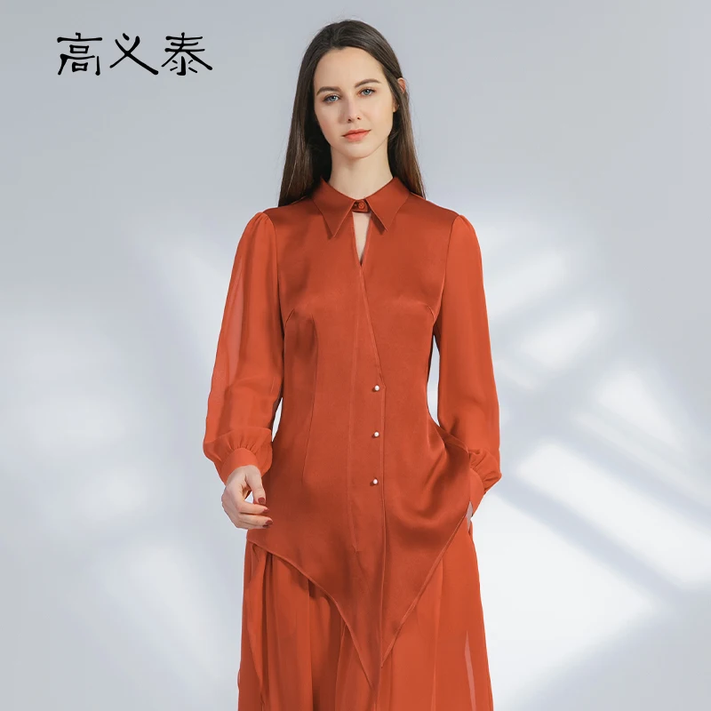 

40 Momme Thick Double-sided Satin Heavyweight Silk Women Shirts Polo Collar Long-sleeved Caramel Red T-shirt Women Tops BY210