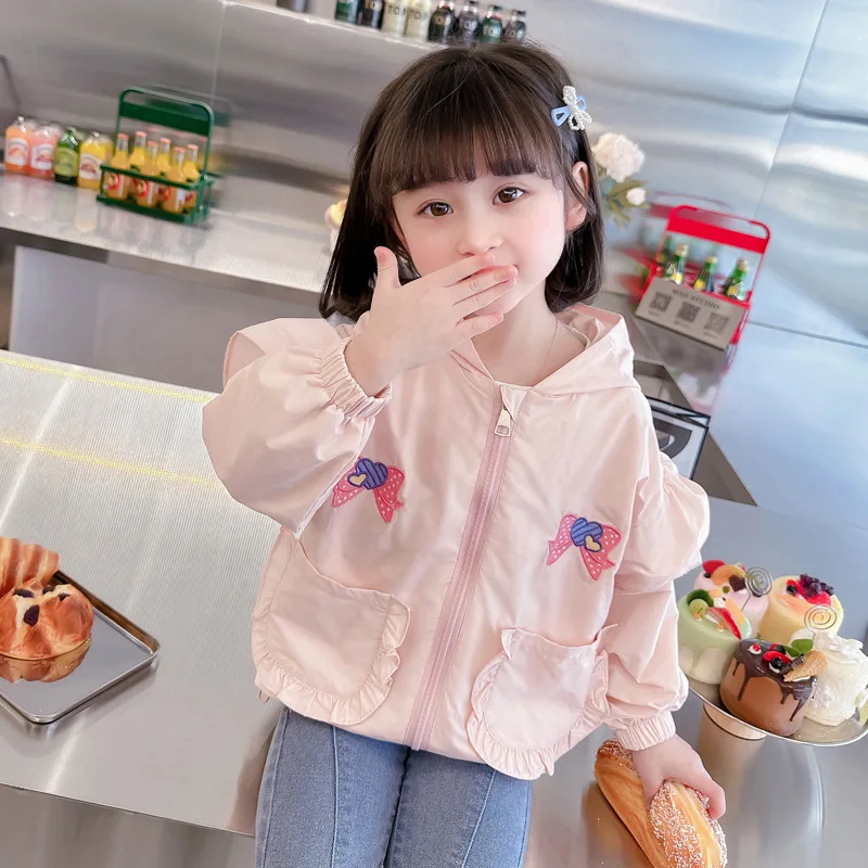 

Girls Coat Bowknot Lovely and Sweet 2023 Spring Autumn New Kids Jacket Hooded Ruffle Children Trench Long Sleeve Tops
