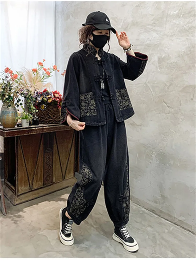 Винтажный джинсовый пиджак и брюки в китайском стиле осенний комплект большого