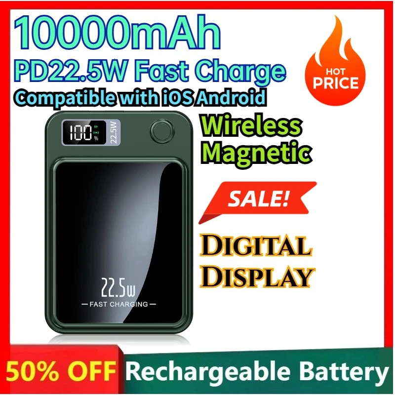 Фото Горячая распродажа: Магнитный Power Bank 10000 мАч со встроенными кабелями и цифровым дисплеем, совместимый с iOS и Android №1