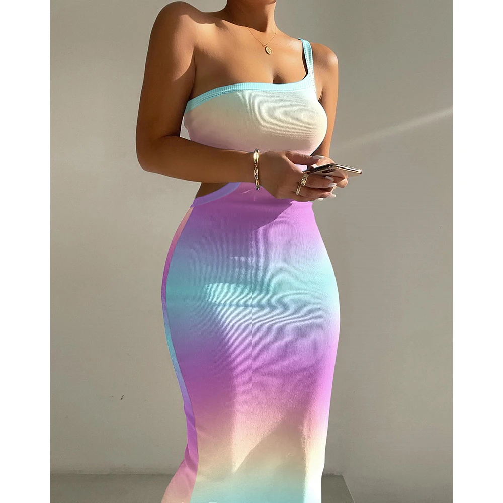 

2022 Summer Women One Shoulder Cutout Ribbed Asymmetrical Bodycon Dress One Shoulder Sexy Skinny Midi Long Dress