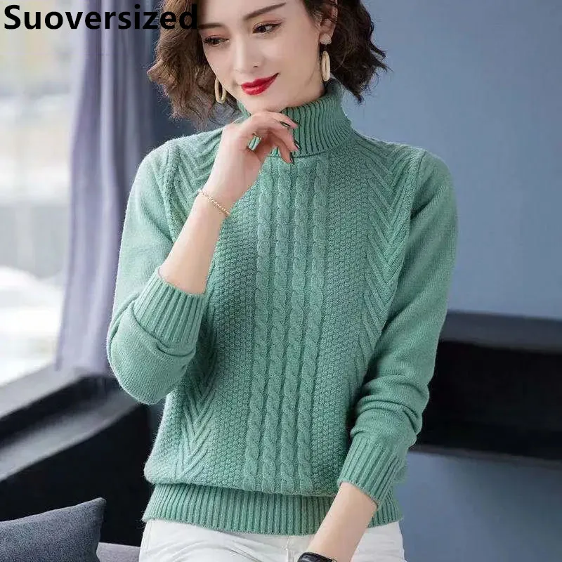 Осенне-зимние свитера в рубчик с высоким воротником женские теплые вязаные топы