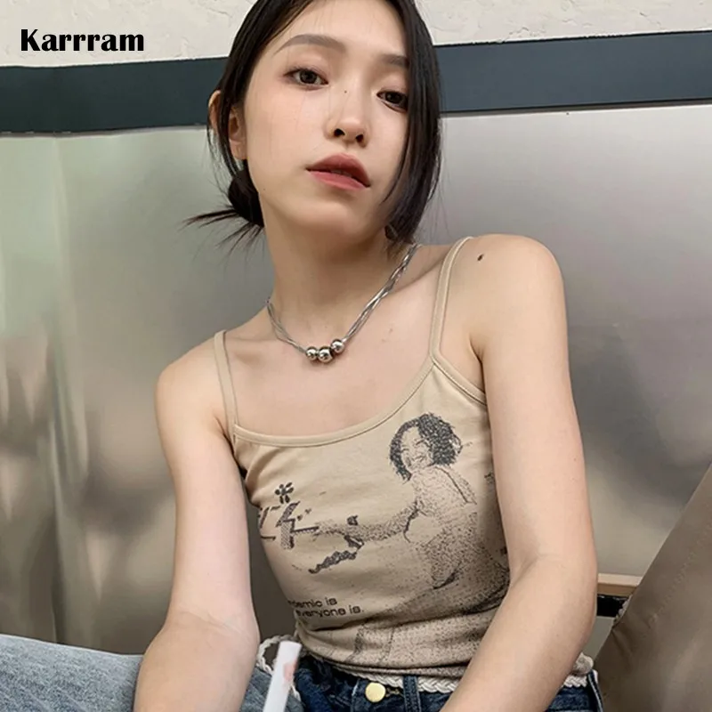 

Karrram Grunge Print Camisole Korean Fashion Vintage Cami Tops Japanese Harajuku Crop Top Y2k Aesthetics Tank Top Streetwear 90s