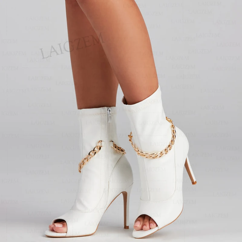 

SEIIHEM Women Ankle Boots Peep Toe Thin High Heels Side Zip Booties Spring Summer Faux Leather Shoes Woman Large Size 41 45 52