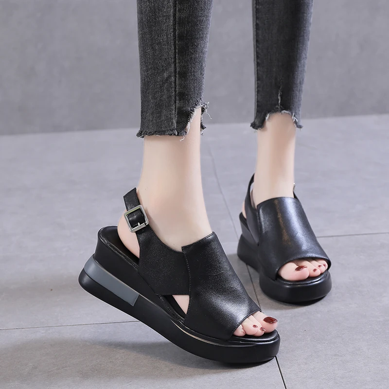 

2022 Summer Women Wedge Heeled Pu Leather Sandals Cross Strap Korean Style Casual Shoes Ladies Open Toe Solid Buckle Sandalias