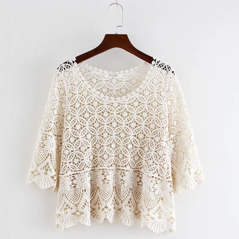 

Small shawl pullover women 2022 summer new skirt with a pullover short loose knitted hollow o neck solid pullover women tops