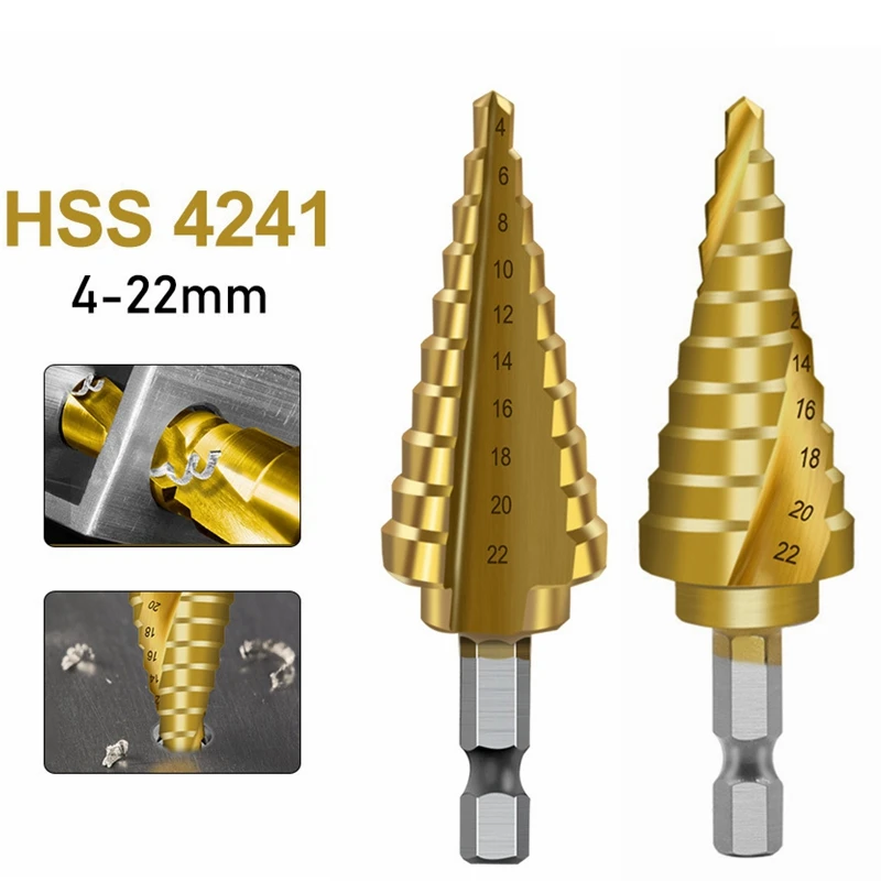 

4-22mm HSS Step Drill Bit Titanium Coated Wood Metal Hole Cutter Opener Straight Groove Hex Core Drill Bit Pagoda Drilling Tools