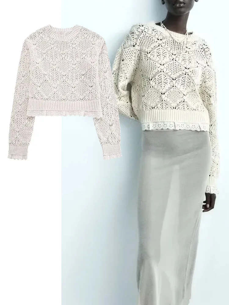 

TRAF Women Hollow Out Knitted Sweater Fashion Long Sleeve O-neck Pullover Simple Vintage Causal Sweet Top Female