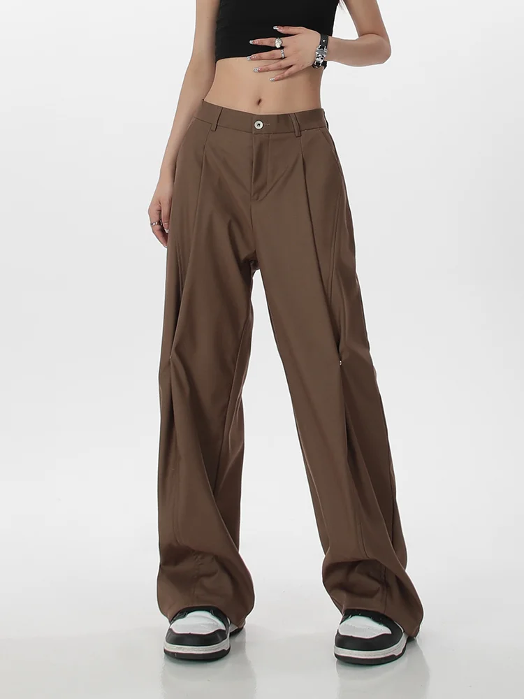 

Весенние Женские уютные брюки с высокой талией свободные широкие плиссированные офисные женские прямые брюки однотонные винтажные шикарн...