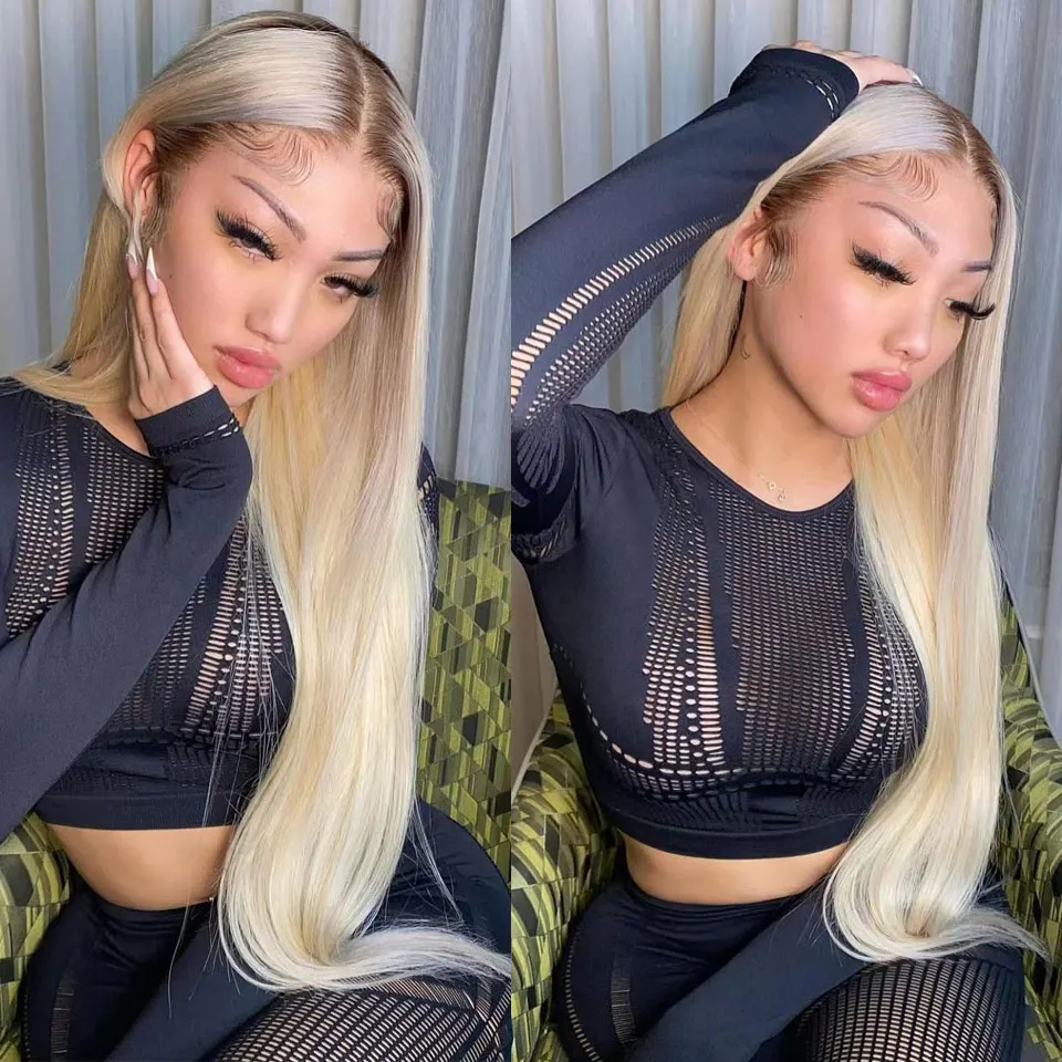 Ed Human Hair Wigs For Women T4/613 Brown Straight Lace Front Human Hair Wig 8-32inch Long Hair Bleached Knots