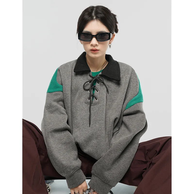 Women Dark Grey Sweatshirt POLO Collar Splicing Fashion Drawstring Hip Hop Leisure Loose Comfortable Winter Long Sleeve Pullover