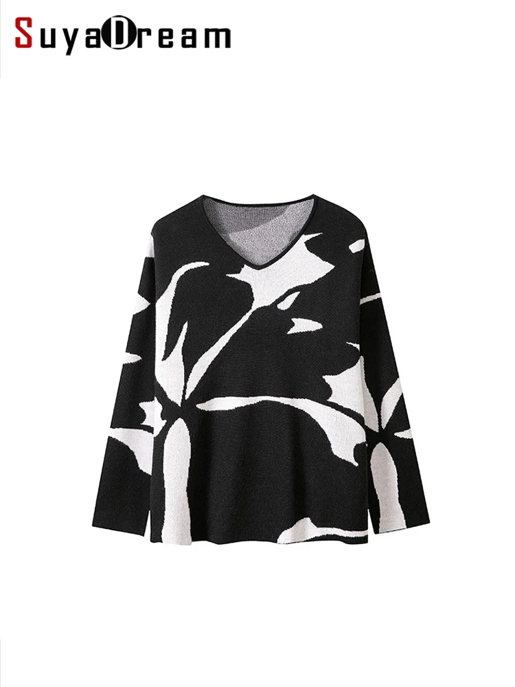 

SuyaDream, Woman Jacquard Pullovers, V Neck, Wool Blend, Loose Fitting Chic Sweaters, 2023 Fall Winter Top, Black and White