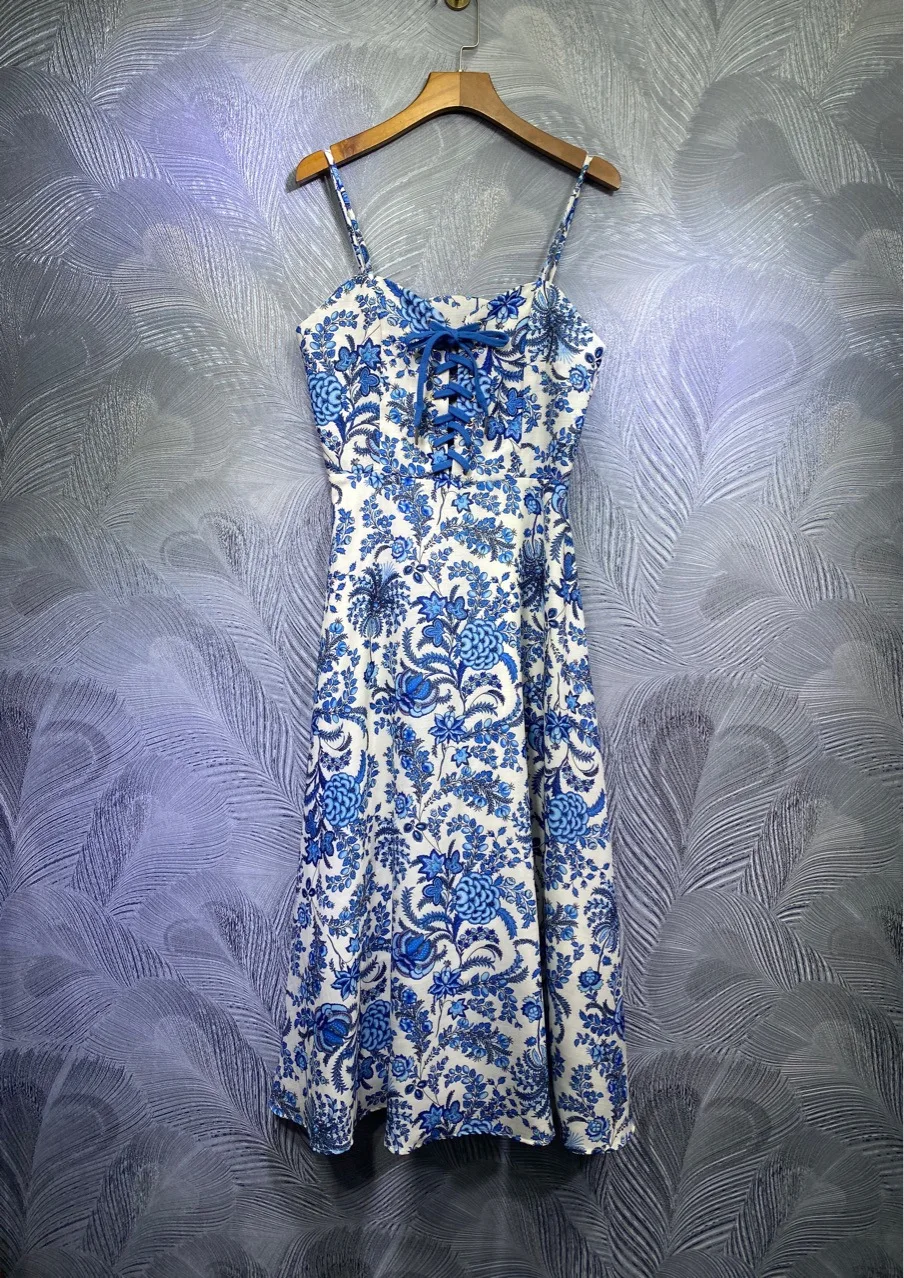 

Criss-Cross Bow Fashion Women Sling Dresses Floral Print Blue Color Bodycon Ball Gown Long Dress Clothes