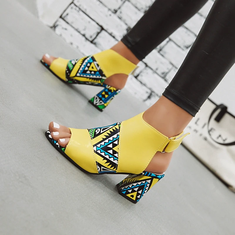 

Women Stylish Print Sandals Slingback Peep Toe Ankle Wrap Summer High Heel Gladiator Pumps Shoes Yellow Green Sandalias Mujer 42