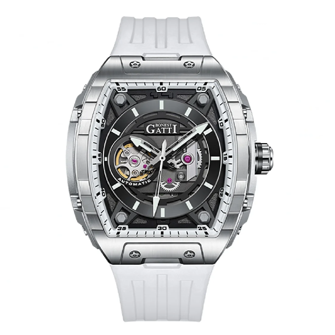 

BONEST GATTI Men Automatic Watch Fashion Mechanical Wristwatch Skeleton Waterproof Sapphire Tonneau Luminous Fluororubber Strap