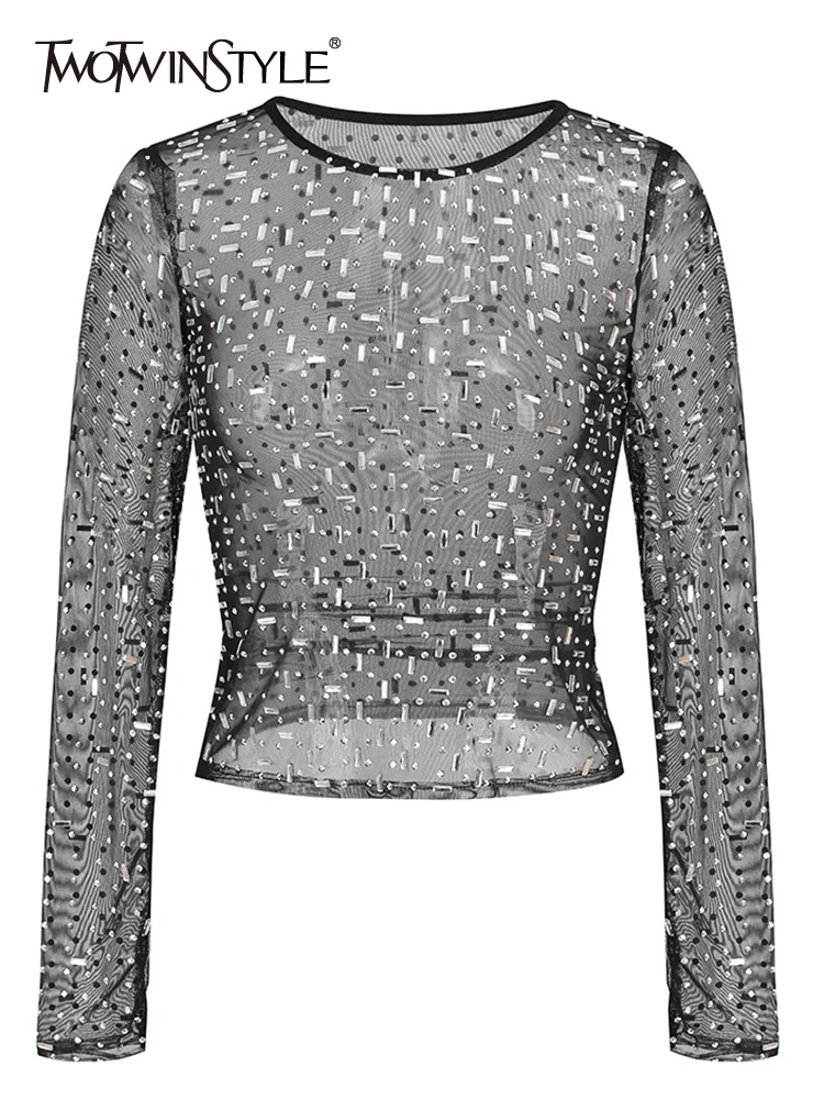 

TWOTWINSTYLE Solid Patchwork Diamonds T Shirts For Women Round Neck Long Sleeves Slimming T Shirt Female Fashion Clothing 2023