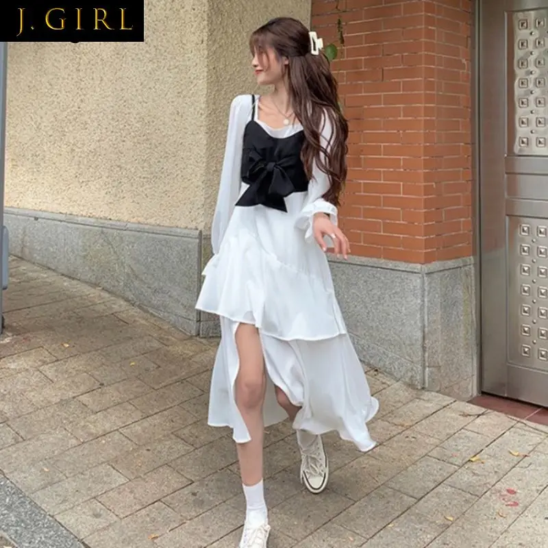 

Sets Women Elegant Solid Fashion Side-slit Irregular All-match Spaghetti Strap Bow Loose Leisure Cute College Ulzzang New Summer