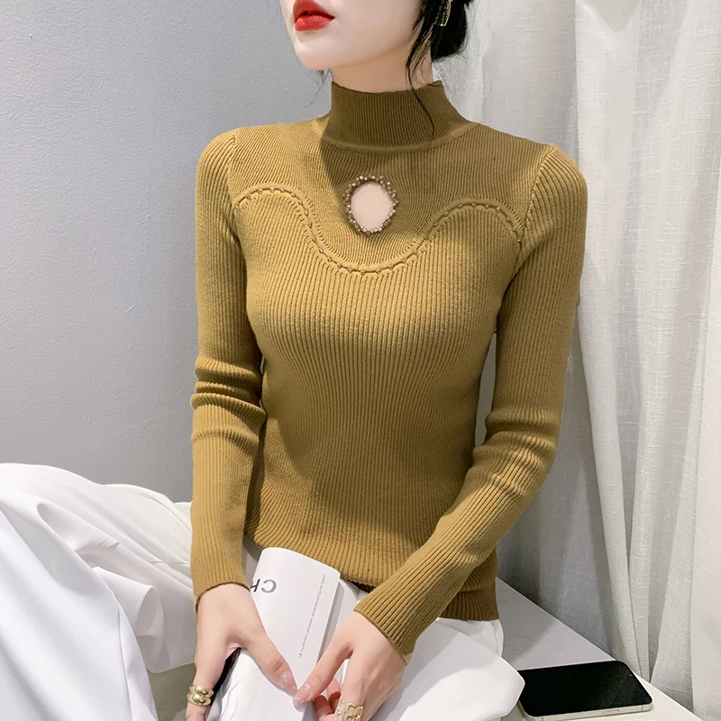 # 4331 вязаный свитер с высоким воротником женский короткий эластичный разрезом