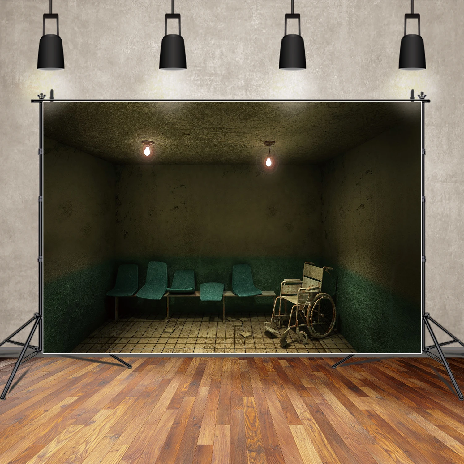 

MOON.QG Backdrop Halloween Decor Hospital Rest Room Wheelchair Background Grunge Faded Wall Tile Floor Bulb Light Photo Booth