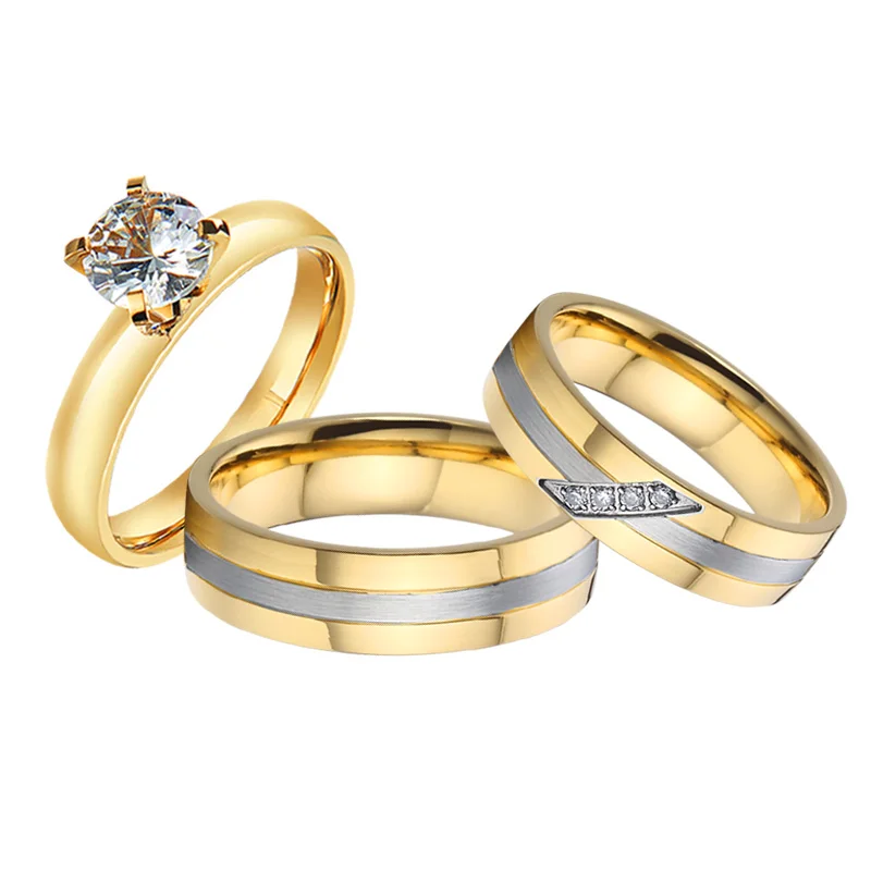 

3pcs simple love alliance 18k gold plated cz diamond ring matching promise wedding engagement rings set for couples