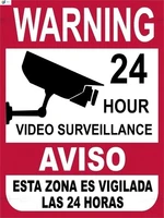 retro tin paintings warning red 24 hour video surveillance english spanish wording metal sign