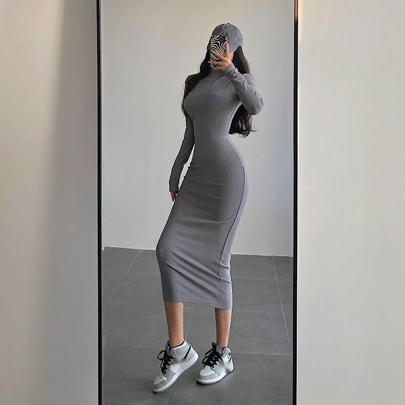 

sexy tight skinny hip thick Turtleneck medium length Long Sleeve Dress simple sexy women dresses autumn