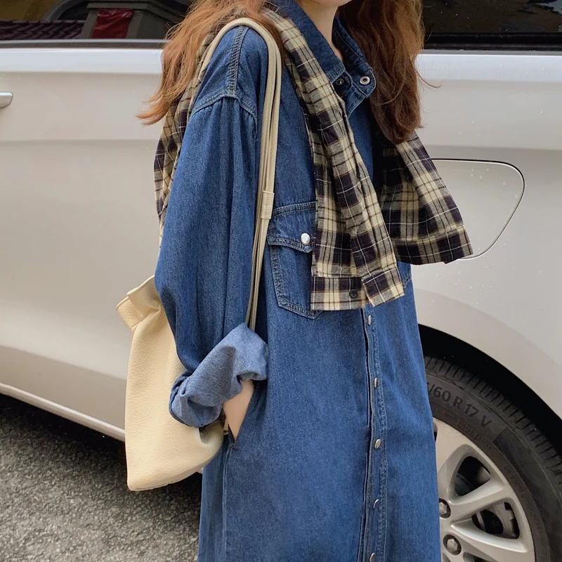 

Осеннее джинсовое платье Hstar с длинным рукавом, однобортное длинное женское корейское джинсовое повседневное прямое платье, винтажное свободное Новое шикарное платье