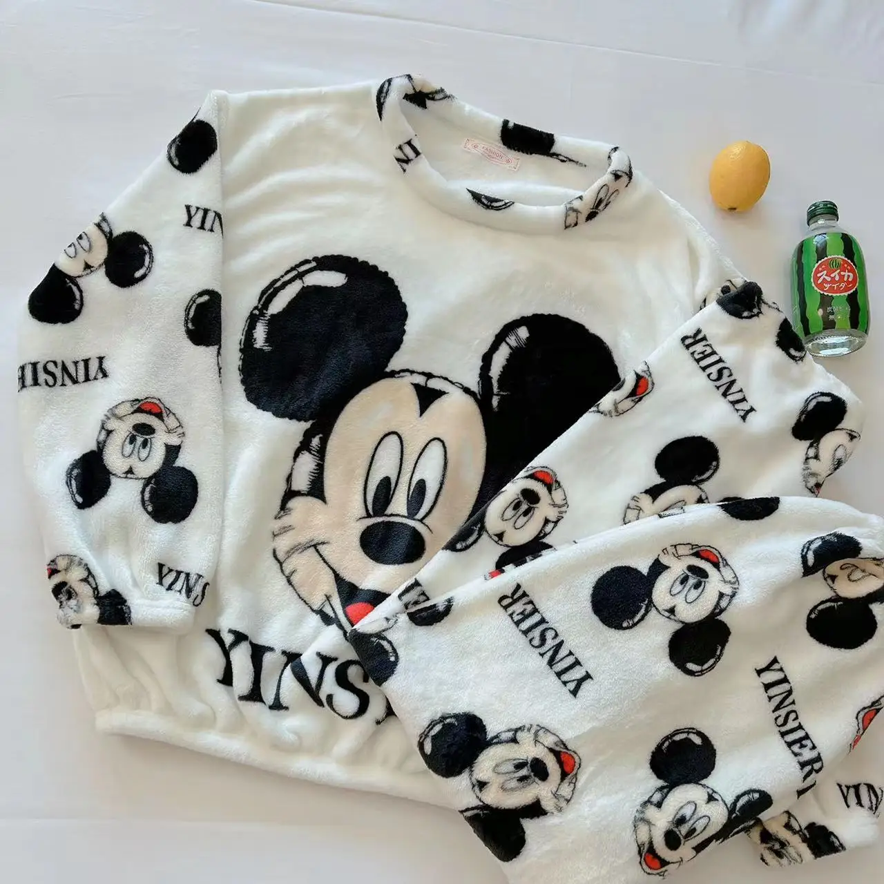 Disney Mickey Mouse Pajamas Set for Ladies Students Autumn Winter Warm Thicken Loose Sleepwear Set Coral Velvet Home Clothes
