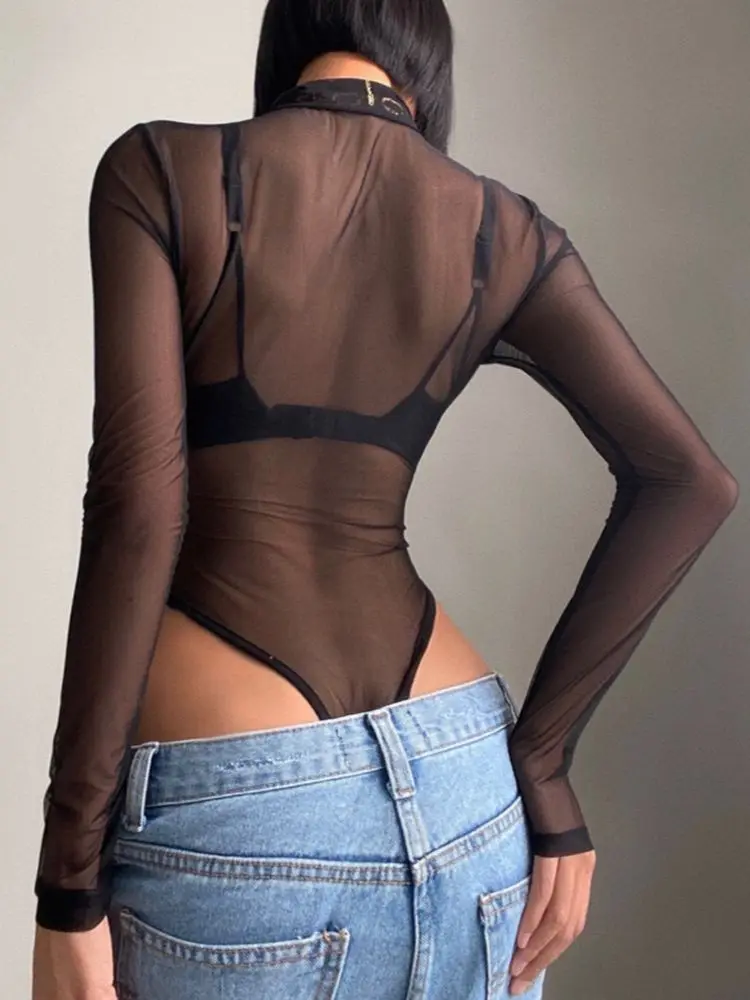 Сетчатый Прозрачный женский боди с длинным рукавом и молнией облегающее летнее