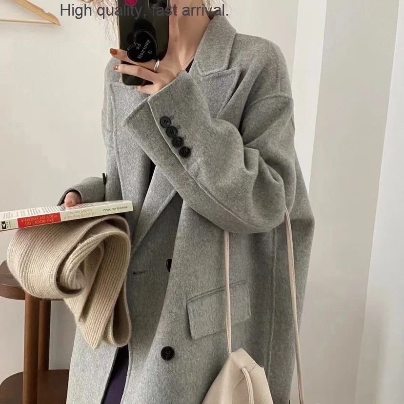 

and Winter Autumn New Korean Style Cashmere Wool Double-Sided Handmade Coat Loose Cufflinks High Grade Gray Coat for Women