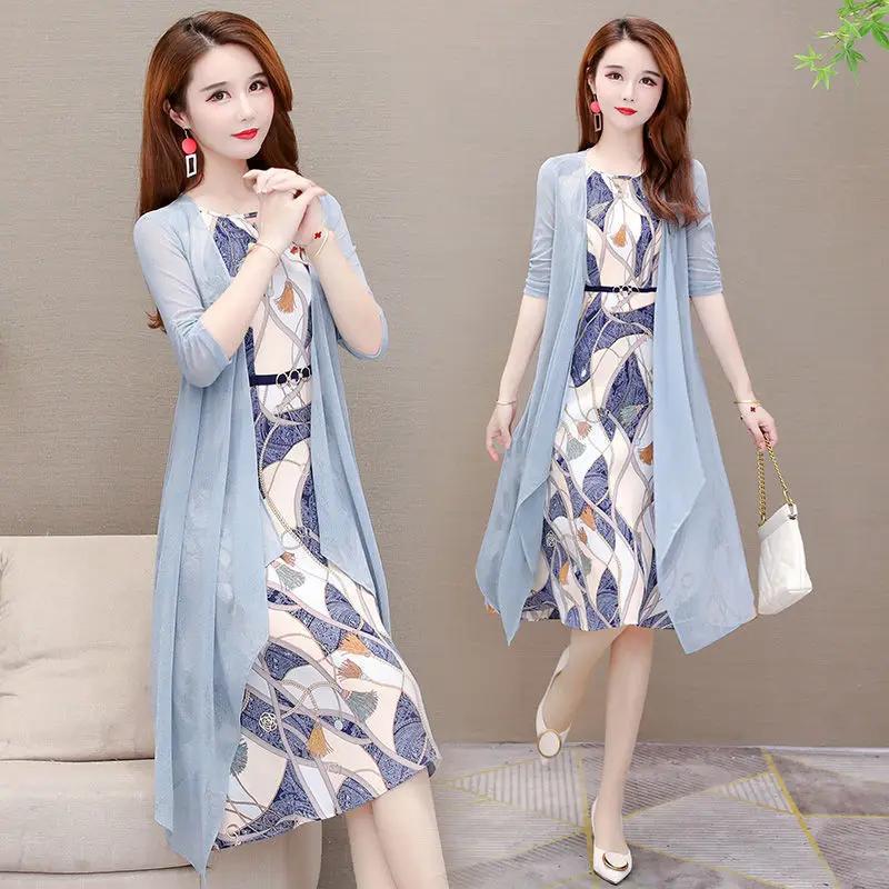 

Women 2022 Summer Fashion New Cardigan Dress Set Female Long Loose Outerwear Sleeveless Floral Print Dresses Two Pieces Sets O58