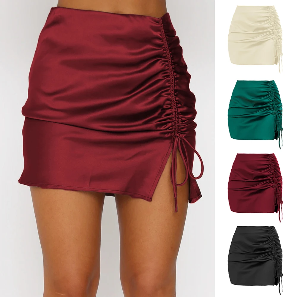 

Wrap Green Satin Mini Skirt Women Side Drawstring Ruched Black Vintage Korean Silk Red Skirts Short Kawaii Clothing Summer Beach