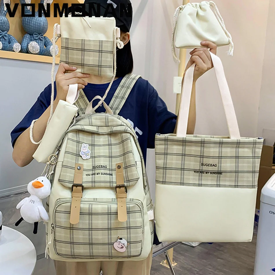 

5 Pcs Cute Backpack Purse Kawaii Canvas SchoolBag for Teenage Girls College Large Satchel Pencil Case Student Book Bag Rucksack