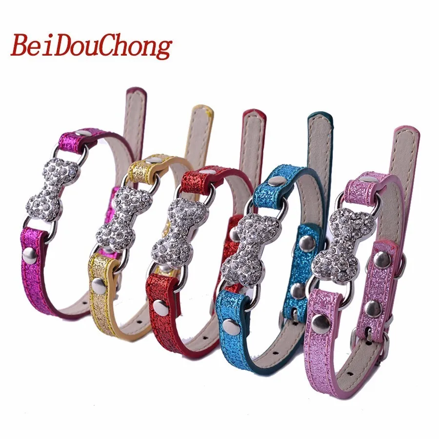 

Wholesale Glitter Pu Leather Dog Collars Rhinestones Bone Accessory Pet Puppy Neck Strap For Small Dogs Cats Adjust 8-11''