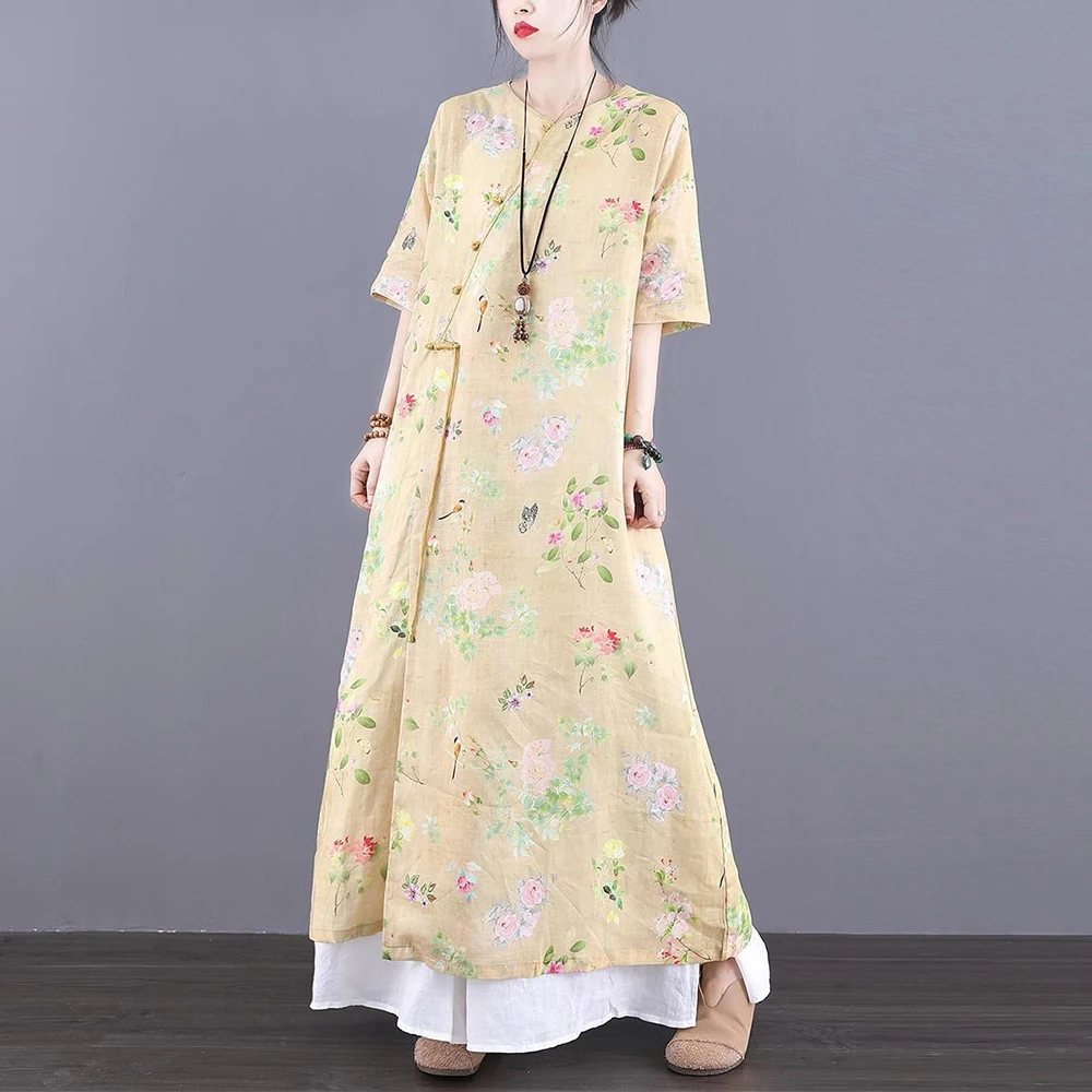 

Summer New Women's Literary Retro Cheongsam Dress Loose Temperament High End Printed Casual Dress Female