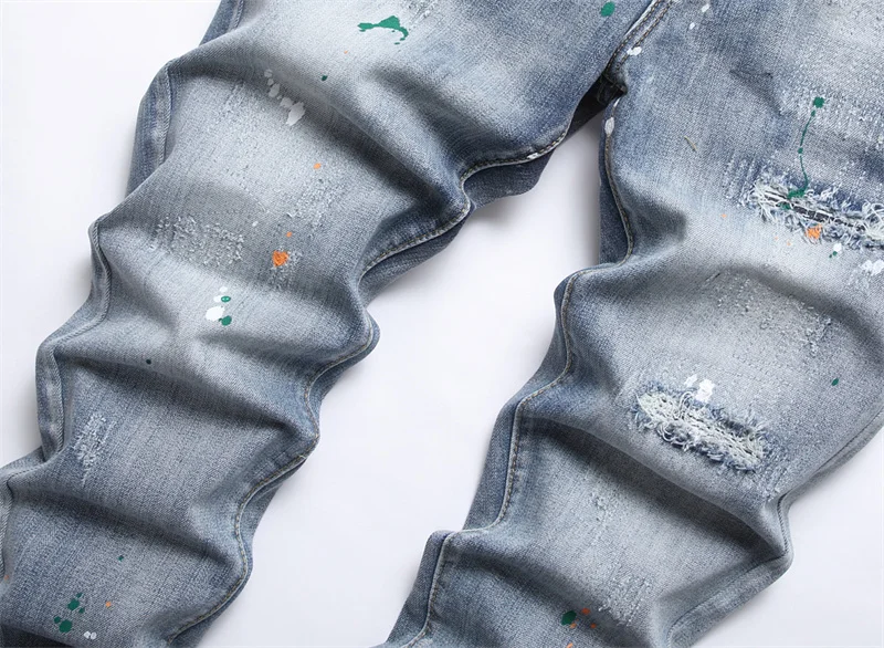 Men's Colorful Graffiti Printed Jeans Y2K Colorful Slim Fit Tapered Elastic Casual Pants Fashion Street Clothing Small Foot Pant