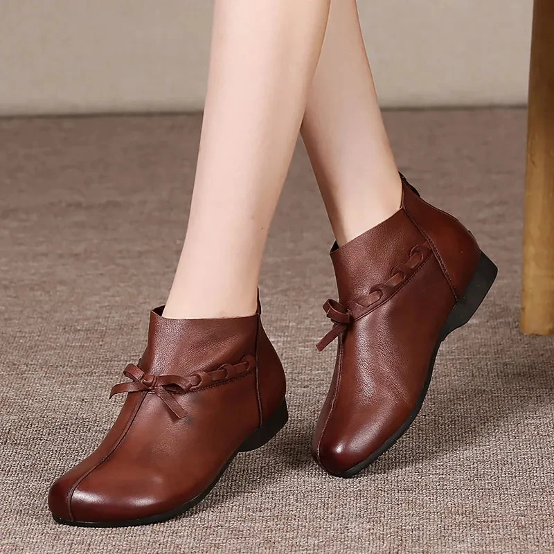 High quality Leather Boots Winter Woman 2023 Wedge Booties Fashion Butterfly-knot Retro Shoes Ladies Zip Platform Boot Female