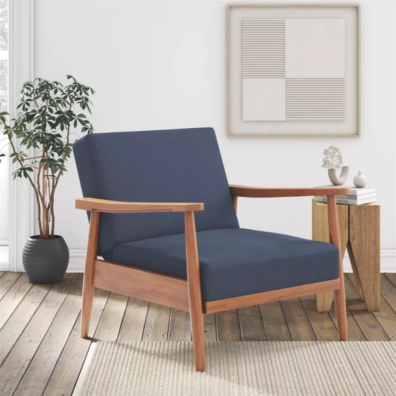 

Better Homes & Gardens Mid Century Solid Wood Reclining Accent Chair with Upholstered Seat, Blue