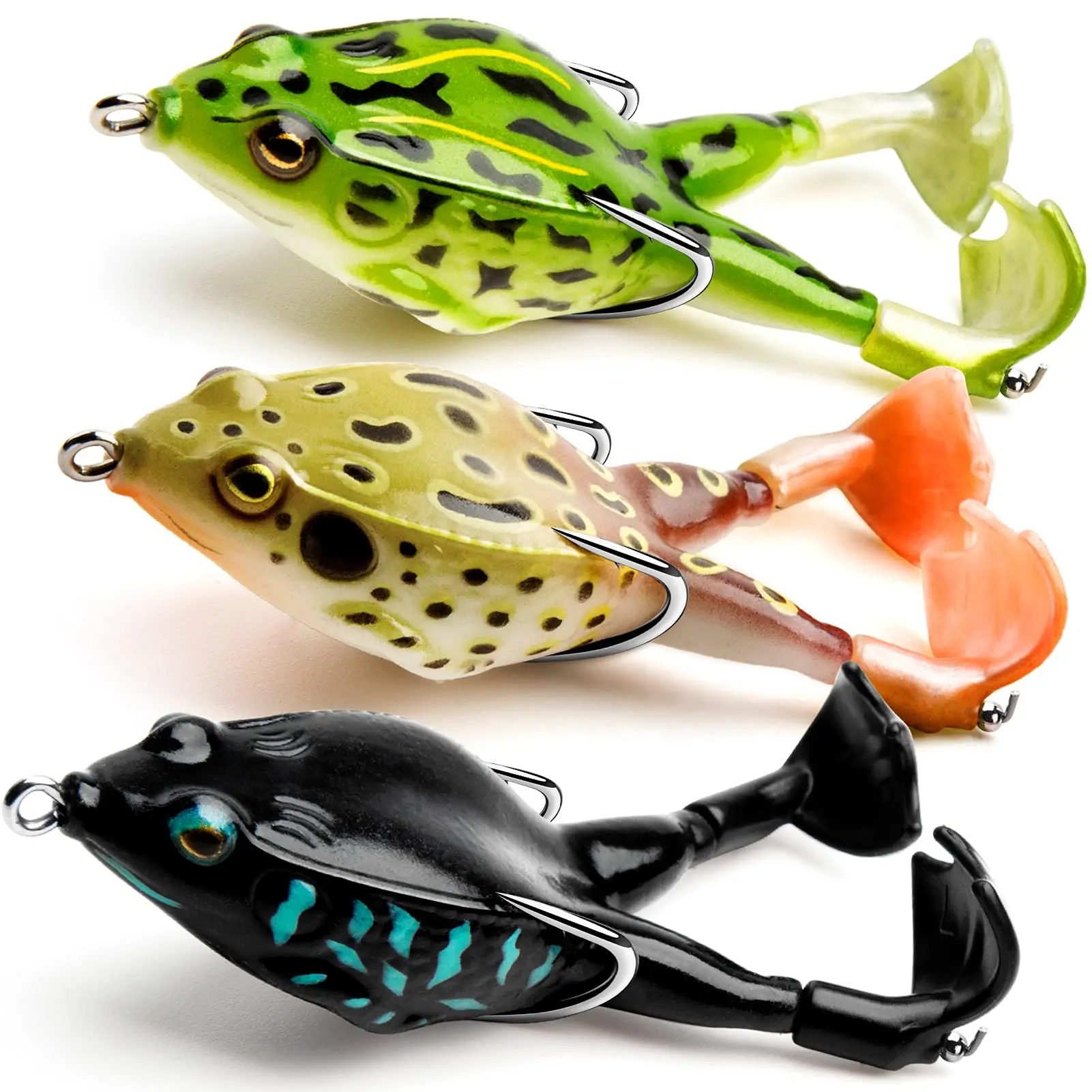 

Topwater Frog Lure Bass Trout Fishing Lures Kit Set Realistic Prop Frog Soft Swimbait Floating Bait with Weedless Hooks