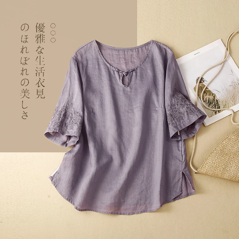 

Short Sleeve Thin Cotton Linen T Shirt Women Embroidery Vintage Loose Tops 2022 Summer O-Neck Female Tees All Match Hemp I342