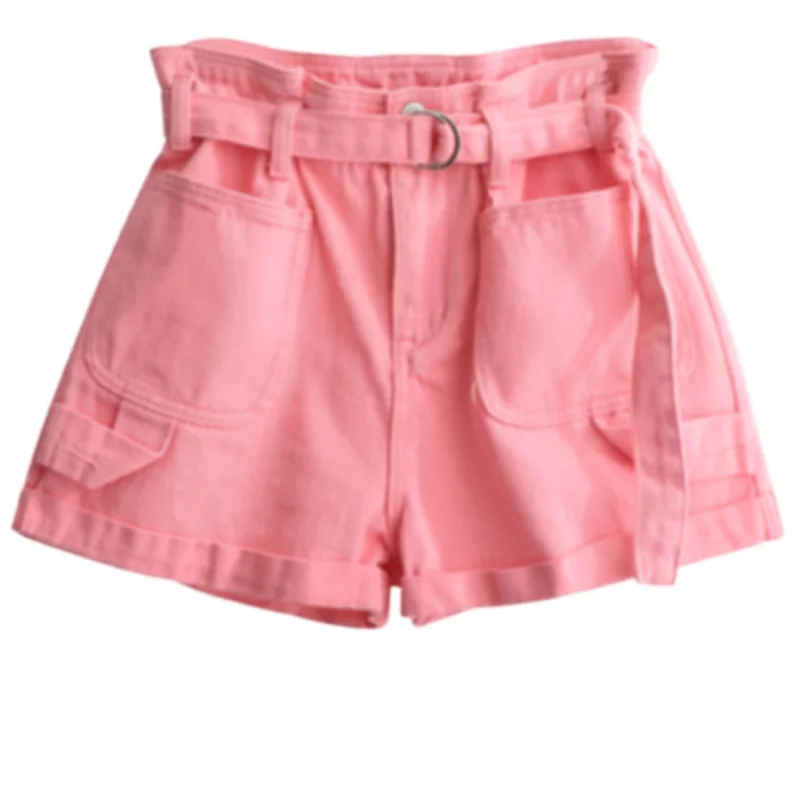 Female Casual Sweet Summer Short Jeans Women's Denim Shorts Classic Vintage High Waist Pink White Wide Leg Bandage Lady Clothing