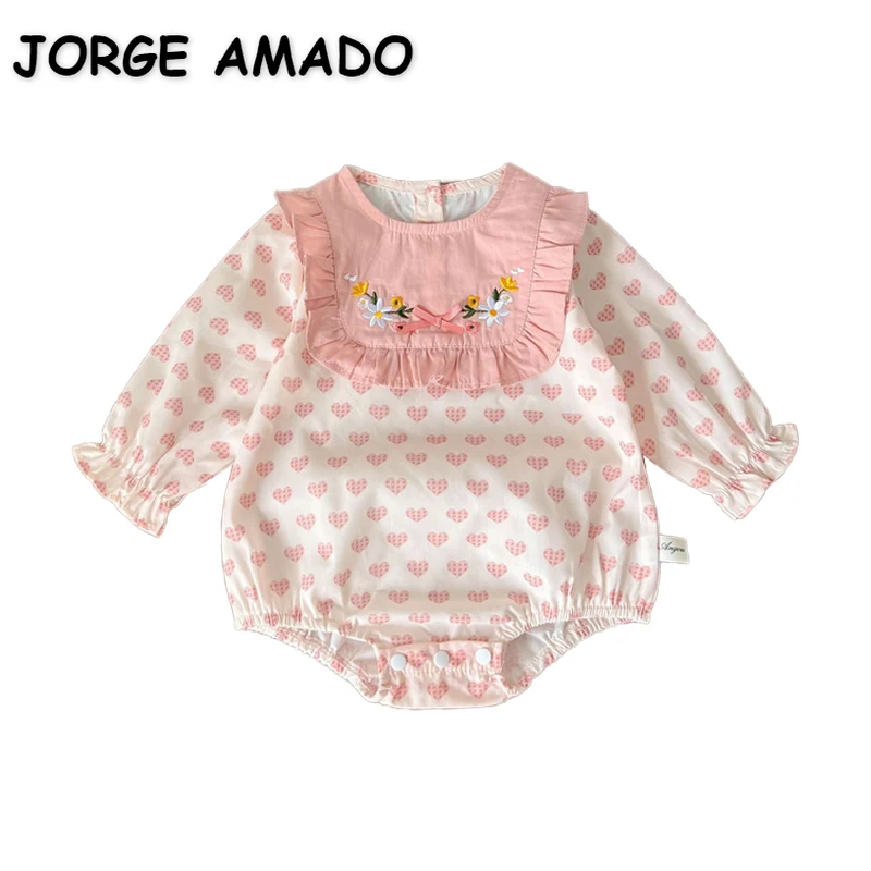 

New Autumn Clothes for Baby Girl Bodysuit Pink Love Heart Long Sleeves Round Collar Embroidery Jumpsuit Newborn Clothes E2280
