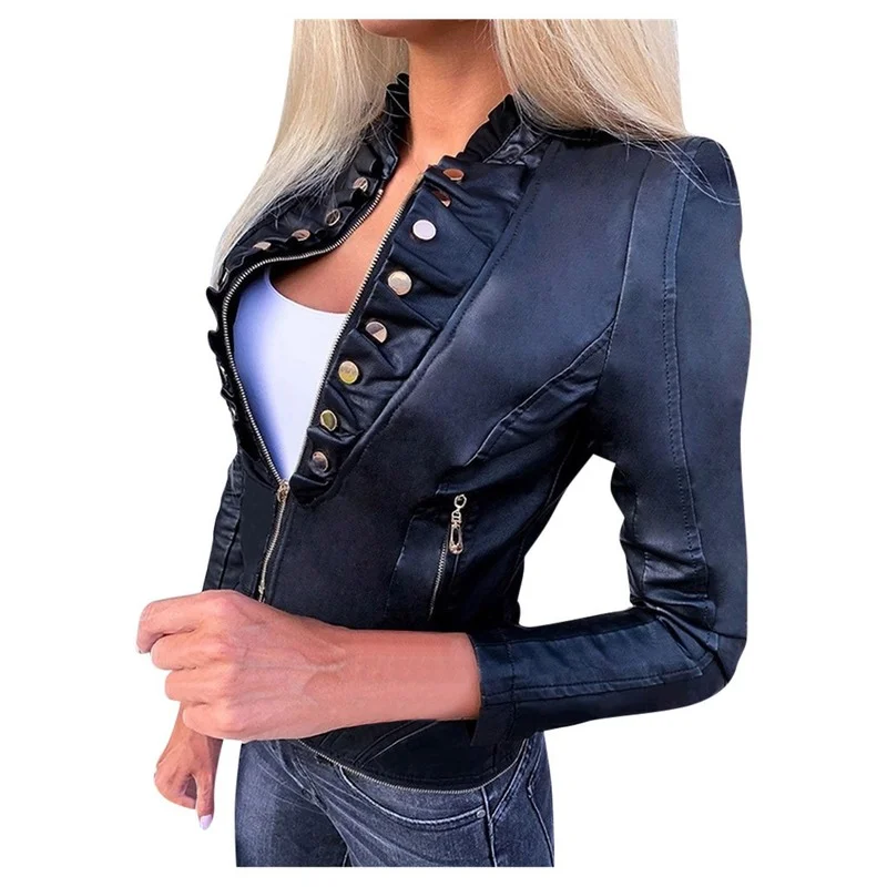 Women Fashion Autumn Jacket Cool Faux Leather Long Sleeve Zipper Fitted Motor Biker Coat Outwear Female Fall Short Jacket New