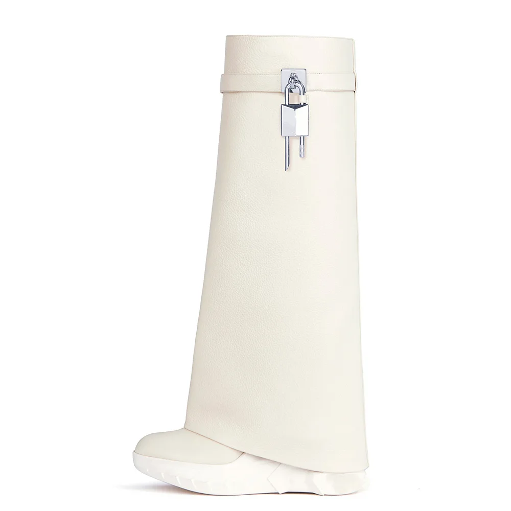 Женские кожаные высокие сапоги до колена обувь из кожи на платформе танкетке