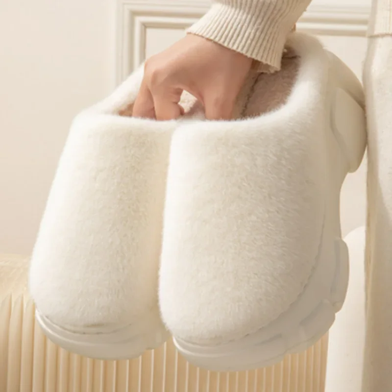 

Winter New Thick Sole Elevated Women's Cotton Shoes Home Fur Thickening Warm Plush Slippers Simple Solid Color Cotton Slippers