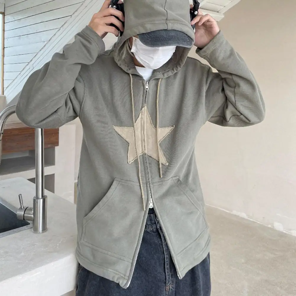 

Hip Hop Zip Up Hoodie Vintage Star Patch Cotton Loose Sweatshirt Jacket Harajuku Gothic Long Sleeve Women Sweatshirt Y2k Clothes